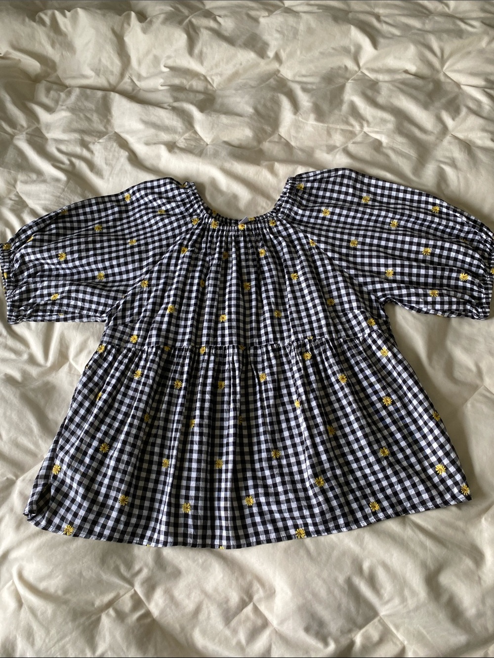 Old Navy Black & White Gingham Top with Yellow Flower Details